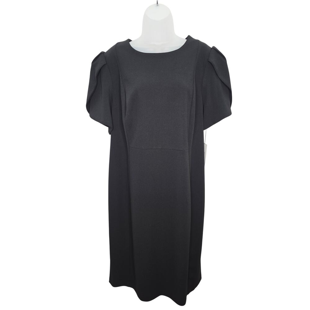 Calvin Klein Women’s 14W Black Puff Sleeve Sheath Dress Gold Zip Career Cocktail